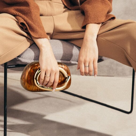 Womens Brown Marble Evening Formal Clutch Trendy Shoulder Metal Strap Handle Bag - Picture 5 of 7